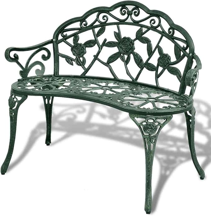Cast Aluminum and Cast Iron Garden Bench with Floral Pattern in Green Finish, 39.4 Inch Durable Outdoor Seating for Patio and Backyard, Comfortable Armrests and Easy