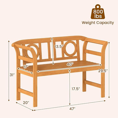 Tangkula Acacia Wood Outdoor Bench with Backrest, 2-Person Patio Wood Bench with Curved Armrests, Slatted Seat, Garden Bench Loveseat for Park, Yard, Lawn, Patio, 800 LBS Max Load