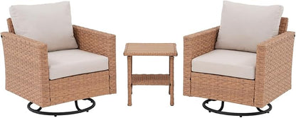 SUNSITT 3-Pieces Patio Furniture Set, Outdoor Wicker Swivel Rocker Chairs with Wood Top Side Table & Thick Comfy Cushions, for Porch, Balcony, Deck, Natural Rattan Color
