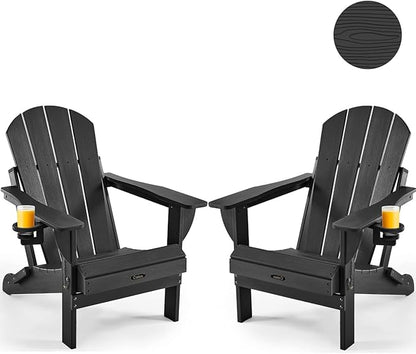 Ciokea Folding Adirondack Chair Wood Texture 2 Pack, Patio Adirondack Chair Weather Resistant, Plastic Fire Pit Chair with Cup Holder, Lawn Chair for Outdoor Porch Garden Backyard Deck (Black)