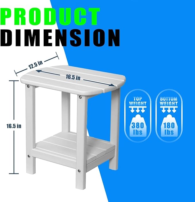 Adirondack Outdoor Side Table - 16.5" Square 2-Tier Patio Table with Weatherproof HDPE Material | All-Weather, Low Maintenance Furniture for Poolside, Porch, Deck
