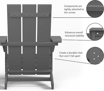 3-Piece HDPE Adirondack Chair Set (2 Chairs + Table) - Heavy Duty All-Weather Plastic Lumber, Wood-Look Patio Furniture for Deck, Garden, Poolside - Grey