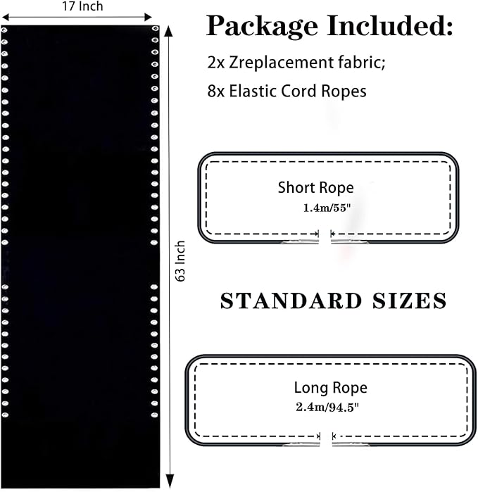 Ostlttyn Zero Gravity Chair Replacement Fabric Kits Set of 2, 17" Repair Cloth with Replacement Bungee Cord for Anti Gravity Sling Outdoor Folding Lounge Lawn Chairs, Black