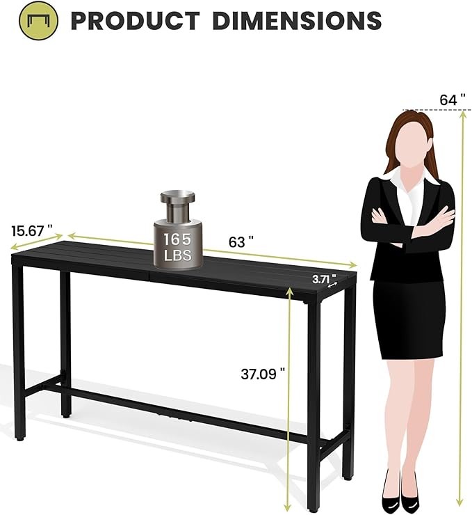 Crestlive Products Outdoor Bar Table, 63'' Rectangle Patio Counter Height Table High Pub Table with Waterproof Top and Sturdy Metal Frame for Balcony, Bistro, Garden, Backyard, Hot Tub (Black)
