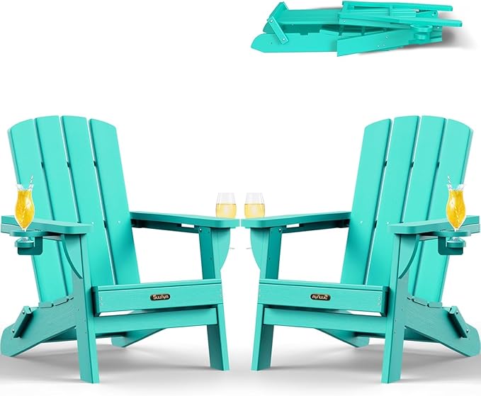 Folding Adirondack Chair 2 Pack, HDPE All-Weather Fire Pit Chairs, Plastic Adirondack Chairs with 2 Cup Holder - Photo 1