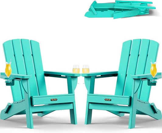 Folding Adirondack Chair 2 Pack, HDPE All-Weather Fire Pit Chairs, Plastic Adirondack Chairs with 2 Cup Holder, Outdoor Lawn Chair for Patio Garden - Lake Blue