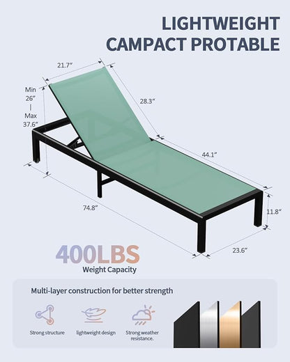 Aluminum Lounge Chairs Outdoor Chaise Furniture,2 Sets Patio Metal Deck Lounger Adjustable 5-Position Poolside Chase Recliner with Wheels for Beach,Coffee Table, (Green, 2 Chair＋Table)
