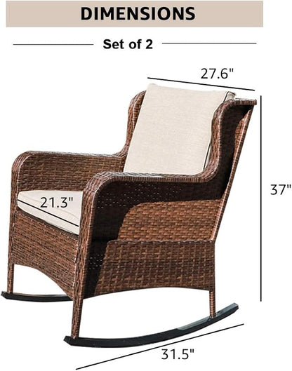 SUNSITT Outdoor Resin Wicker Rocking Chairs with Olefin Cushions, Set of 2, Patio Yard Furniture Club Rocker Chairs, Brown Wicker & Beige Cushions