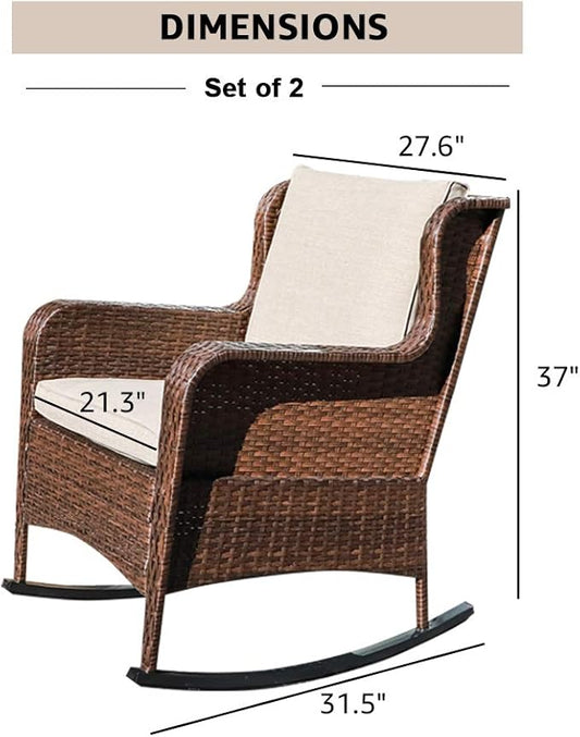 SUNSITT Outdoor Resin Wicker Rocking Chairs with Olefin Cushions, Set of 2, Patio Yard Furniture Club Rocker Chairs, Brown Wicker & Beige Cushions