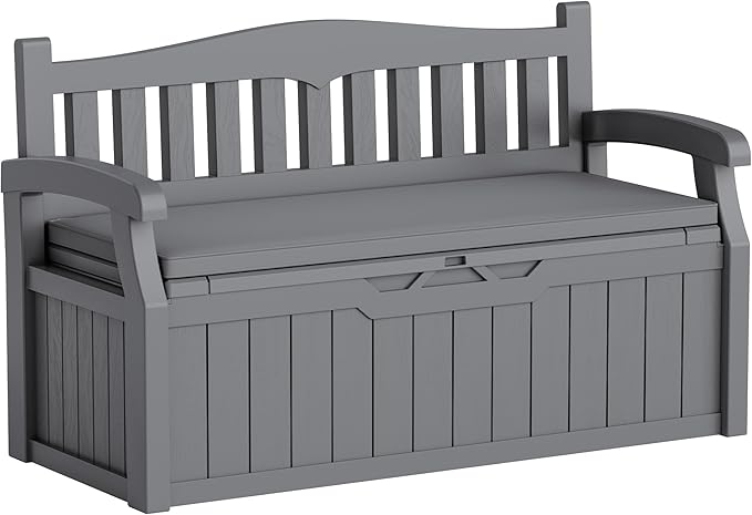 Greesum 80 Gallon Heavy-Duty Outdoor Storage Bench with Cushion, UV-Resistant Resin Bench with Armrest, Deck Box for Garden, Poolside, Patio, Dark Grey