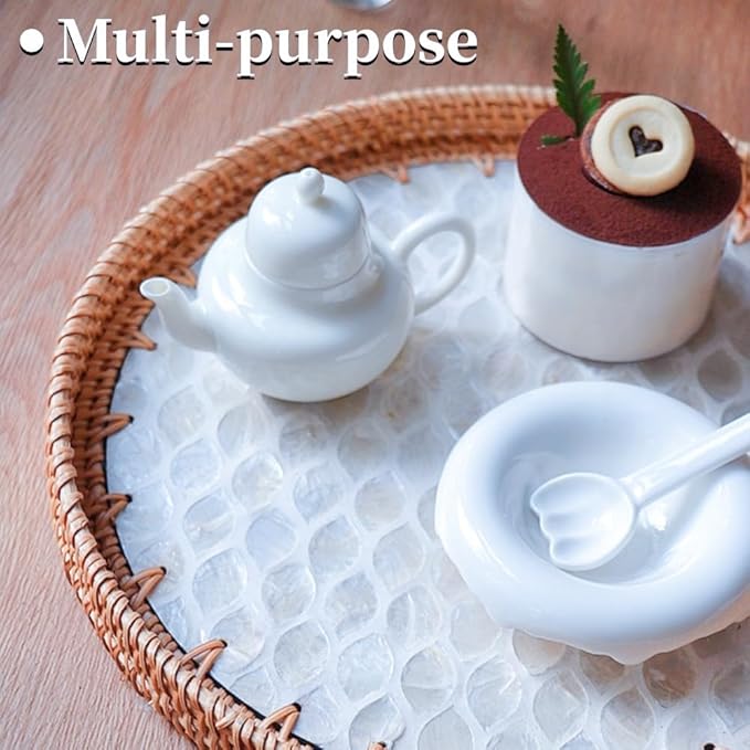 Small Rattan Side Table/Round Coffee Table for Small Spaces, Mini Modern Coffee Table with Shell Design Tray - Photo 3
