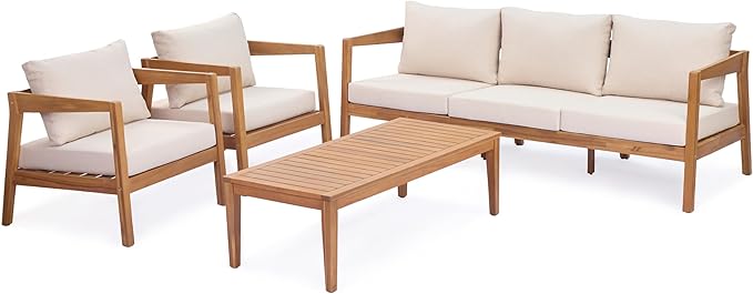 Merax 4 Piece Acacia Wood Patio Furniture Set, 3-Seater Sofa - Photo 6