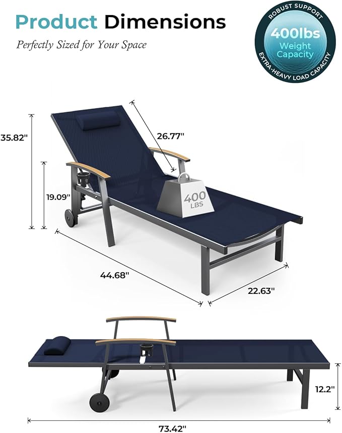 Ciokea Outdoor Lounge Chair with Pillow Set of 4, 5-Position Chaise Lounge with Wheels & Armrests - Photo 2