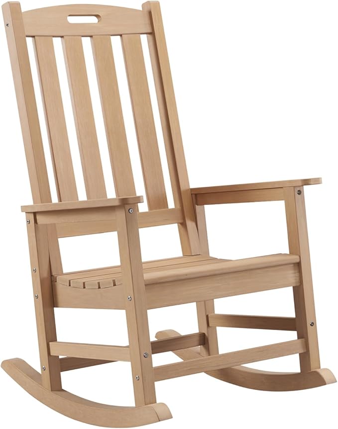 Psilvam Oversized Outdoor Rocking Chair, with 21" Wide Seat and 32" Tall Backrest, Pre-Assembled with Most Components for Effortless Installation (Teak Color)