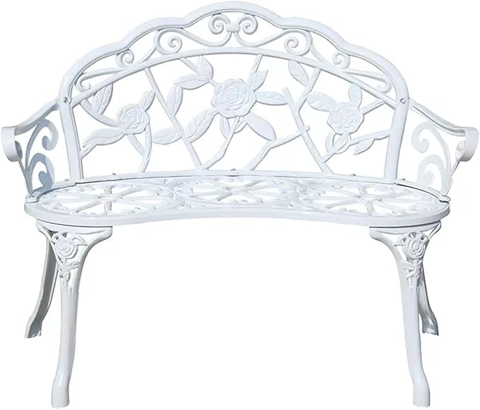 39" Outdoor Bench, Cast Aluminum Metal Garden Bench with Floral Rose Accent & Antique Finish(White)