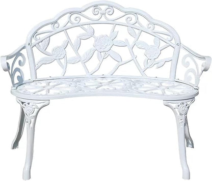 39" Outdoor Bench, Cast Aluminum Metal Garden Bench with Floral Rose Accent & Antique Finish(White)
