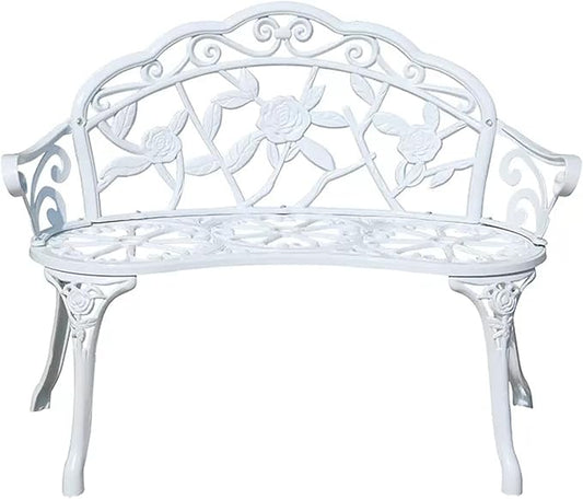 39" Outdoor Bench, Cast Aluminum Metal Garden Bench with Floral Rose Accent & Antique Finish(White)