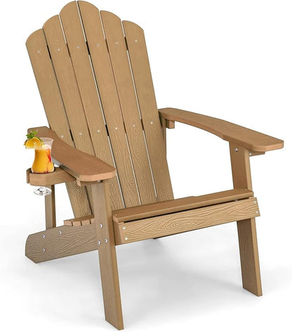 Giantex Outdoor Adirondack Chair - Oversized Patio Chairs w/Hidden Cup Holder, Realistic Wood Grain, 380 LBS Weight Capacity, Weather Resistant Firepit Chairs for Backyard, Garden (1, Teak)