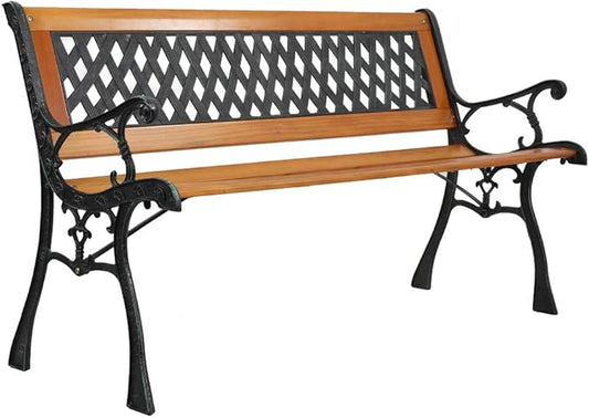 49.5in Outdoor Wood & Metal Porch Benches,Weatherproof Patio Park Bench,Outside Leisure Bench,Outdoor Garden Park Bench,with Backrest and Armrests,for Lawn, Deck, Path, Backyard, Entryway (Brown)