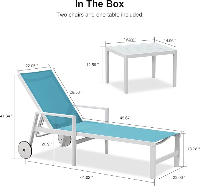 PURPLE LEAF Lounge Chair Outdoor Set 2 Pieces White Aluminum Chaise Lounge with Armrest and Wheels for Pool Deck Patio, Turquoise