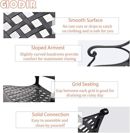 GIODIR Outdoor Patio Garden Bench All-Weather Cast Aluminum Loveseats Park Yard Furniture Porch Chair Work Entryway Decor w/Checkered Design (Black)