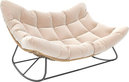 Outsunny Double Papasan Rocking Chair, Wicker Oversized Indoor Outdoor Rocking Chair with Cushion, PE Rattan Padded Outdoor Rocker Egg Chairs for Living Room, Garden, Patio, Balcony, Cream White