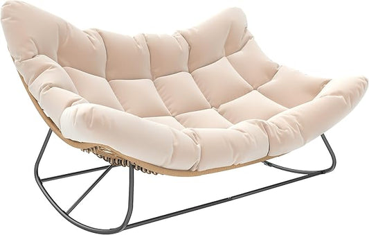 Outsunny Double Papasan Rocking Chair, Wicker Oversized Indoor Outdoor Rocking Chair with Cushion, PE Rattan Padded Outdoor Rocker Egg Chairs for Living Room, Garden, Patio, Balcony, Cream White