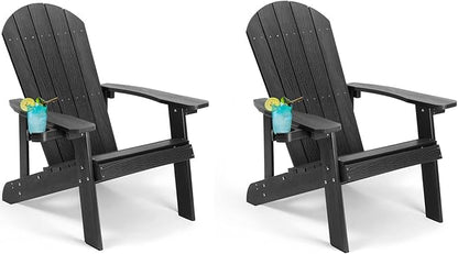 Adirondack Chairs Set of 2, All Weather Resistant Plastic Chairs with Cup Holder, 5 Easy Steps to Install, Outdoor Chairs for Patio, Garden, Backyard Deck, Lawn, Fire Pit - Black