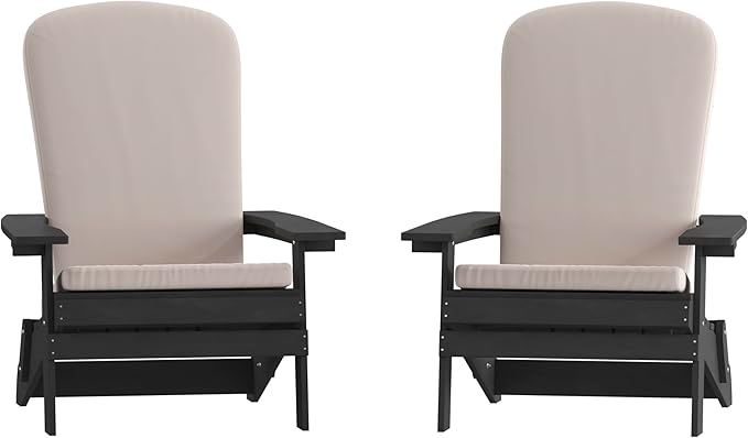 Flash Furniture Charlestown Folding Adirondack Chairs Poly Resin Frame-All-Weather Cushions-Indoor/Outdoor Use, Set of 2, Black/Cream