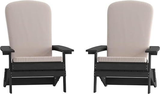 Flash Furniture Charlestown Folding Adirondack Chairs Poly Resin Frame-All-Weather Cushions-Indoor/Outdoor Use, Set of 2, Black/Cream