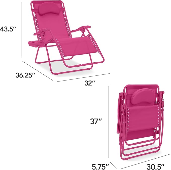Best Choice Products Oversized Zero Gravity Chair, Folding Outdoor Patio Lounge Recliner w/Cup Holder Accessory Tray, Pillow - Ultimate Pink