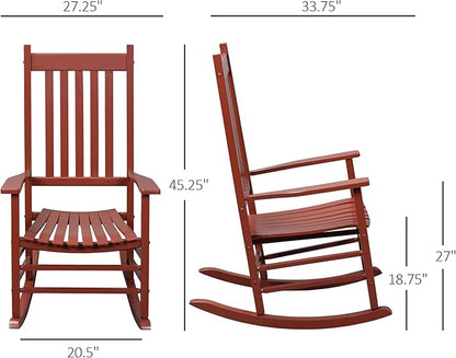 Outdoor Rocking Chair, Patio Wooden Rocking Chair with Smooth Armrests, High Back for Garden, Balcony, Porch, Supports Up to 352 lbs., Wine Red
