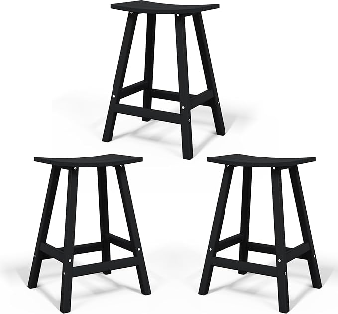 Costaelm All-Weather Bar Stools Set of 3, 24" Height Outdoor Bar Stools, Adirondack Poly Patio Bar Stool for Patio, Deck, Kitchen Counter and Garden, Black