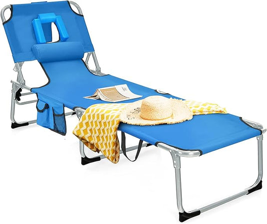 Tangkula Tanning Chair with Face Hole, Patio Folding Adjustable Reclining Beach Sunbathing Lounge Chair with Side Pocket, Portable Face Down Chaise Lounge for Outdoor Backyard Poolside (1)