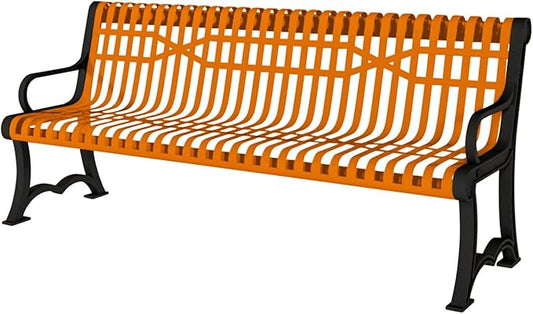 COATEDOUTDOORFURNITURE Heavy-Duty Outdoor Bench Thermoplastic Coated, Slatted Steel, Commercial-Grade Garden Bench, Made in America (Portable with Back, 4 Ft, Textured Orange)