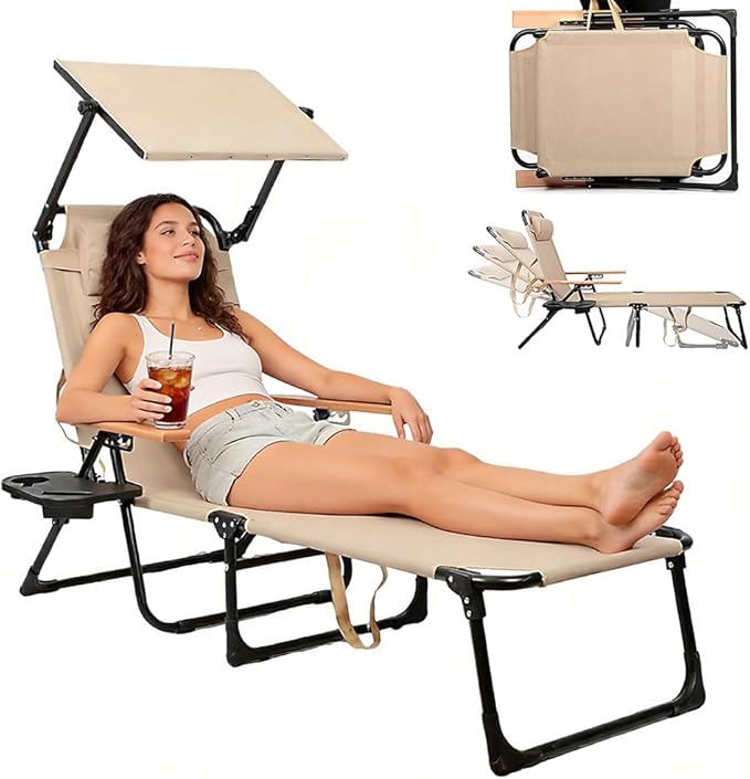 Folding Outdoor Chaise Lounge Chair with Arms, 4 Position Sunbathing Lounge Chair with Shade, Sun Tanning Chairs for Outside Portable with Cup Holders for Beach Patio Camping Poolside Yard (Beige- B)