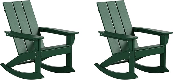 WestinTrends Ashore Patio Rocking Chairs Set of 2, All Weather Poly Lumber Plank Adirondack Rocker Chair, Modern Farmhouse Outdoor Rocking Chairs for Porch Garden Backyard and Indoor, Dark Green