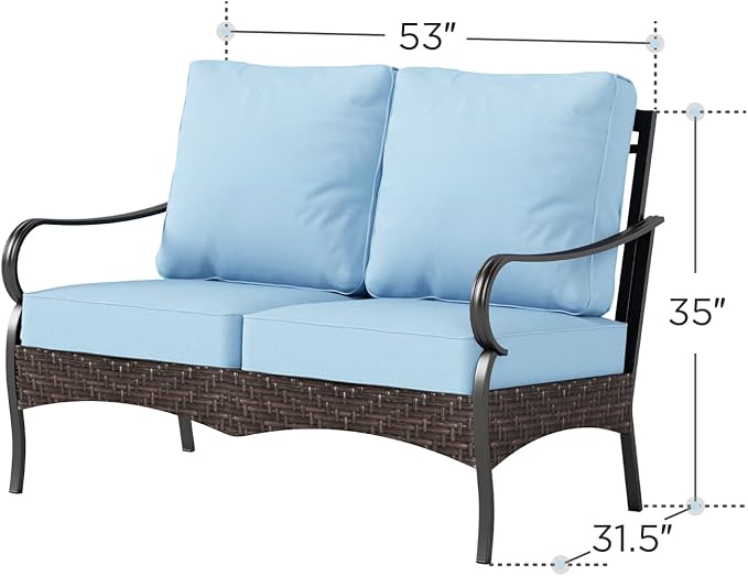 PHI VILLA Wicker & Metal Outdoor 2-Seat Patio Couch, Patio Sofa Loveseat with Deep Seating for Front Porch, Deck - Photo 2