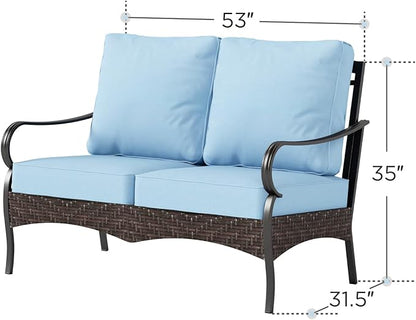 PHI VILLA Wicker & Metal Outdoor 2-Seat Patio Couch,Patio Sofa Loveseat with Deep Seating for Front Porch, Deck, Balcony, Backyard, Sunroom,Blue