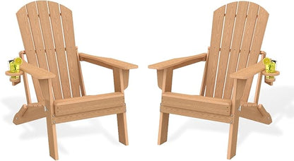 Folding Adirondack Chair Set of 2，Wooden Textured Fire Pit Chair with Cup Holder, Heavy All-Weather HDPE Plastic Outdoor Patio Chairs for Poolside Backyard Patio Outdoor Garden