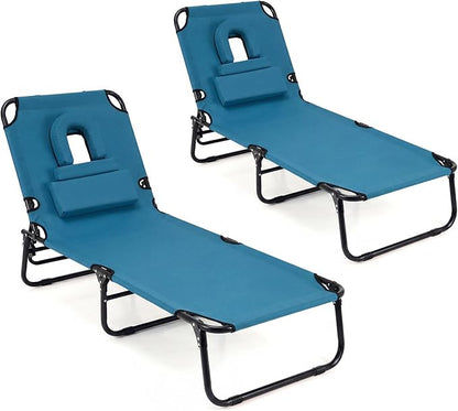 Giantex 2-Pack Tanning Chair, 350lbs Adjustable Patio Lounge Chair w/Face Hole, Removable Pillows, Carry Strap, Folding, Outdoor Chaise Lounge for Layout Beach Poolside Lawn