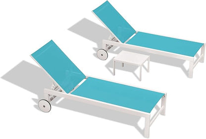 PURPLE LEAF Outdoor Lounge Chairs Set of 2 White Aluminum Chaise Lounge Chair Five-Position Adjustable Chaise Lounges with Wheels and Table for Pool Deck Patio, Turquoise