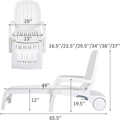Giantex Chaise Lounge Outdoor 6 Adjustable Backrests Lounge Chair Recliner with Wheels for Patio, Poolside, Garden Foldable Beach Sunbathing Lounger(2, White)