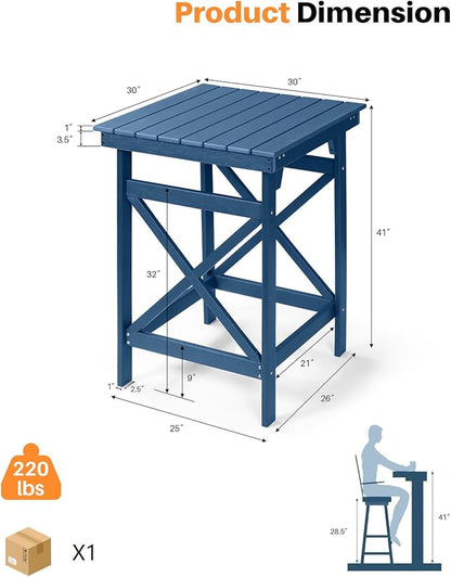HDPE Outdoor Bar Table, 41" Adirondack Outdoor Bar Height Table, All Weather HDPE High Top Pub Table, Square HDPE Patio Bar Tables for Balcony, Deck, Backyard, Poolside, Navy