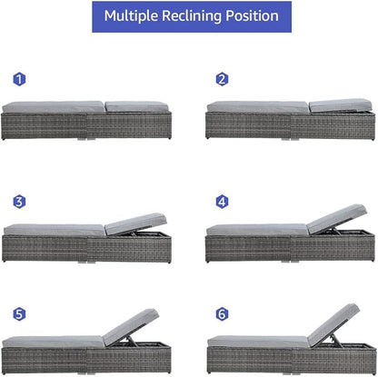 Patiorama Outdoor Patio Chaise Lounge Chair, Elegant Reclining Adjustable Pool Rattan Chaise Lounge Chair with Light Grey Cushion, Grey PE Wicker, Steel Frame, Set of 2