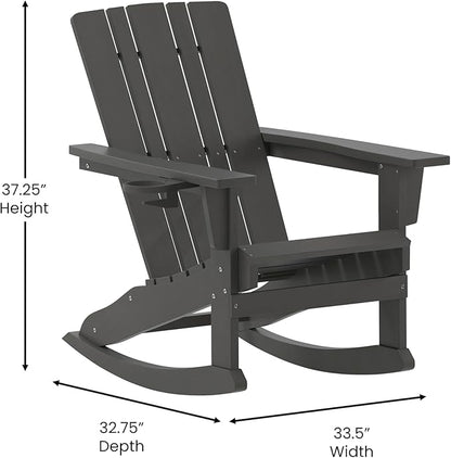 Flash Furniture Halifax Adirondack Rocking Chairs with Cup Holder, Weather Resistant Poly Resin Adirondack Rocking Chairs, Set of 2, Gray