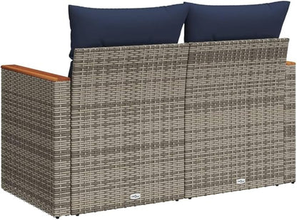 2-Seater Patio Sofa with Cushions, Gray Poly Rattan Outdoor Loveseat, Modern Modular Garden Bench with Acacia Wood Armrests and Weather-Resistant Steel Frame
