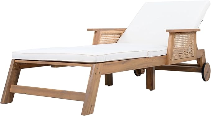 Merax 3-Pieces Retro Acacia Wood Outdoor Chaise Lounge with Wheels & 3-Position Adjustable Backrest, Vintage Wicker Sun Lounger with Plush Removable Cushion for Patio, Garden & Poolside, Acacia Wood