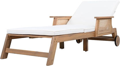 Merax 3-Pieces Retro Acacia Wood Outdoor Chaise Lounge with Wheels & 3-Position Adjustable Backrest, Vintage Wicker Sun Lounger with Plush Removable Cushion for Patio, Garden & Poolside, Acacia Wood