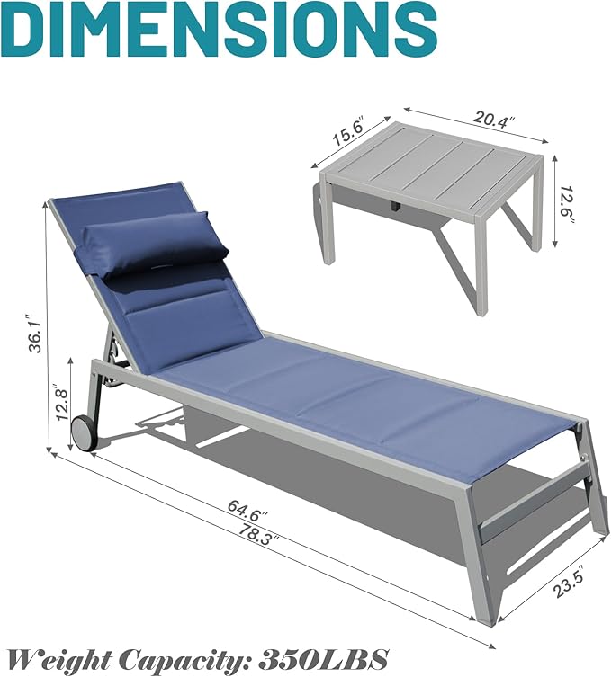 Domi Patio Chaise Lounge Set of 3, Outdoor Lounge Chair, Aluminum Textilene Padded 5 Position Pool Lounger - Photo 2
